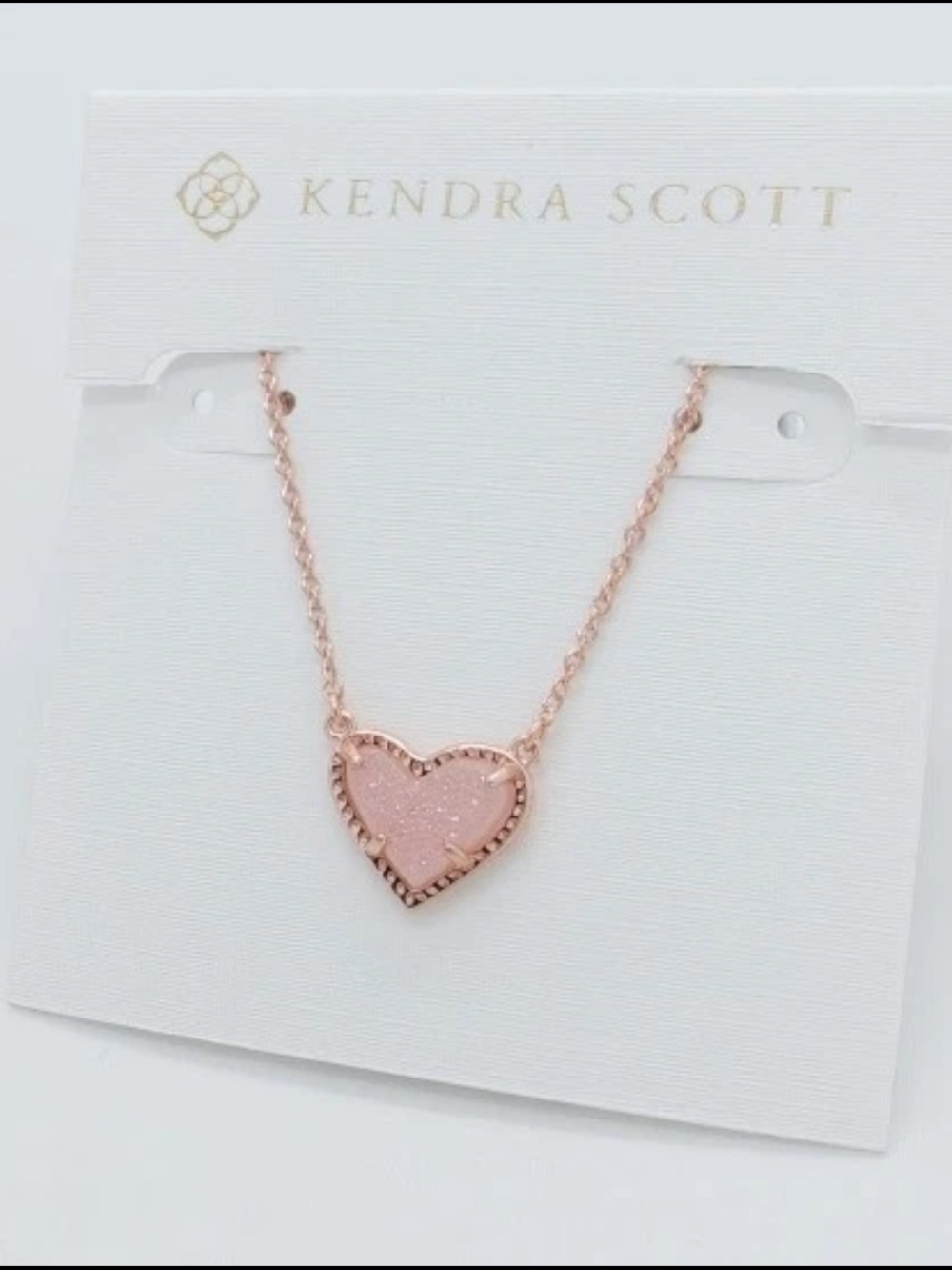 Kendra Scott Ari Heart Rose Gold Necklace Light Pink Drusy NWT